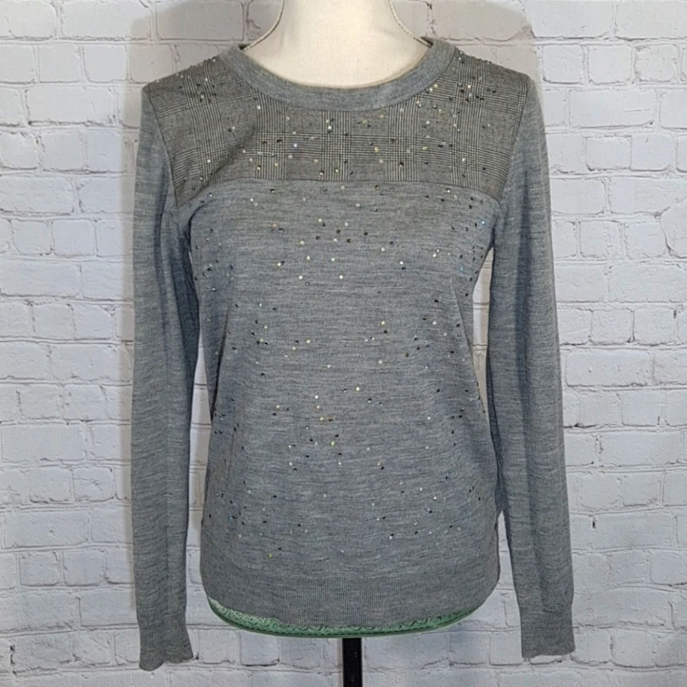 J. Crew Grey Embellished Tippi Glenn Plaid Sweater